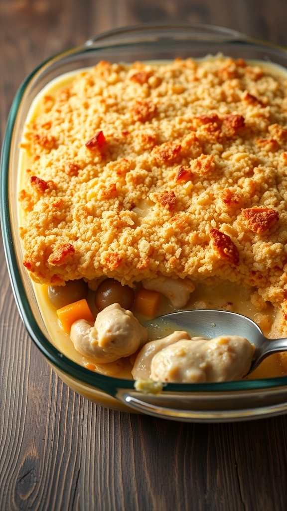 A golden brown chicken casserole with breadcrumbs on top, filled with chicken and mixed vegetables in a baking dish.